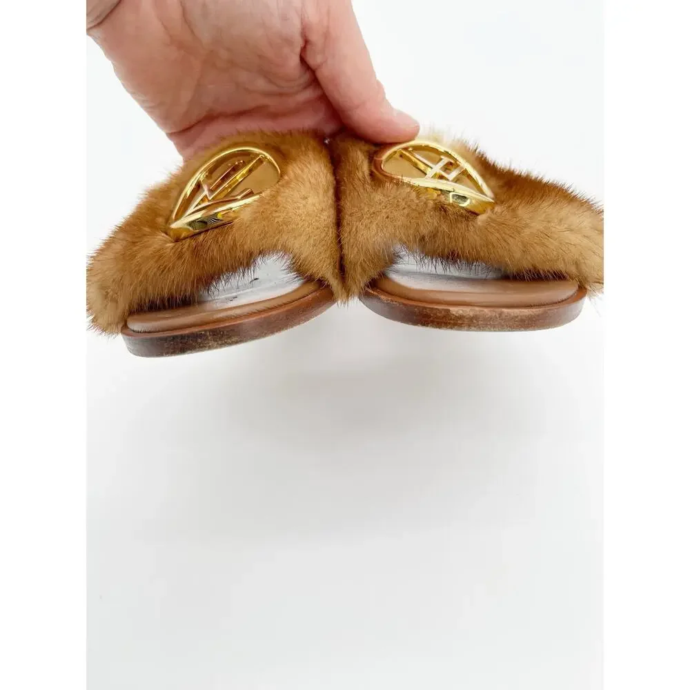 Louis Vuitton Camel Mink Fur Gold LV Logo Lock It Flat Slide Mule Sandals EU 36